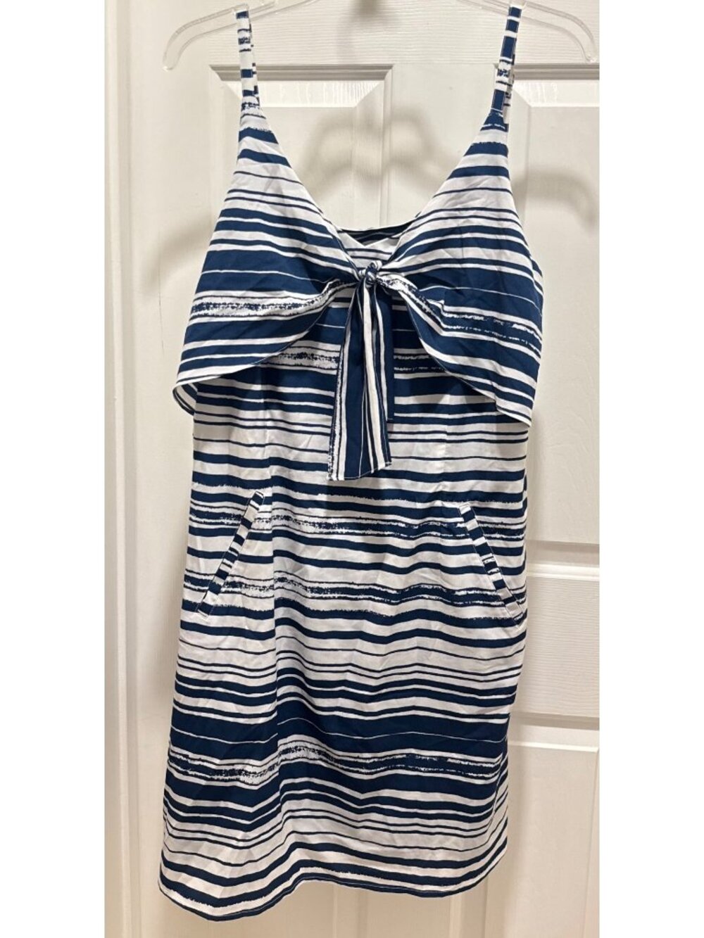 Cabi womens L blue white stripe mini slip dress sleeveless knot EUC nautical